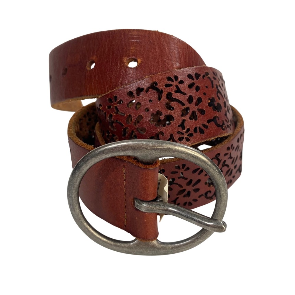 Western Brown Leather Floral Cutout Belt Silver Buckle Size‎ XS Y2k Boho Indie